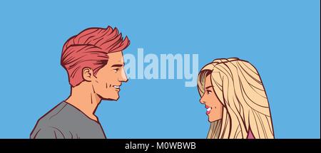 Beautiful Man And Woman Looking At Each Other Couple Faces Over Blue Background Isolated Stock Vector
