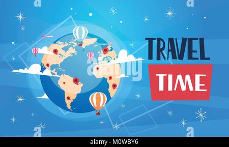 Travel Poster With Worlds Globe On Blue Background Retro Tourism Banner Stock Vector