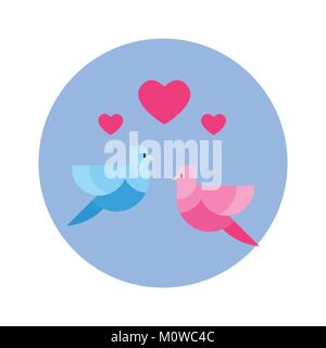Couple Of Birds With Heart Shape Icon On Blue Round Background Isolated Stock Vector