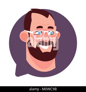 Profile Icon Male Head In Chat Bubble Isolated, Bearded Caucasian Man Wearing Glasses Avatar Cartoon Character Portrait Stock Vector