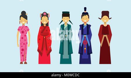 Set Of Asian Costumes, Ethnic People In Traditional Clothing Concept Stock Vector