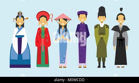 Set Of People In Traditional Asian Clothing, National Costumes Concept Stock Vector