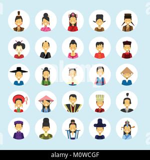 Asian Man And Woman Avatar Set Icon Female Male In Traditional Costume Profile Portrait Collection Stock Vector