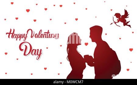 Happy Valentine Day Background, Cute Cupid Fly Over Silhouette Couple Holding Hands Stock Vector