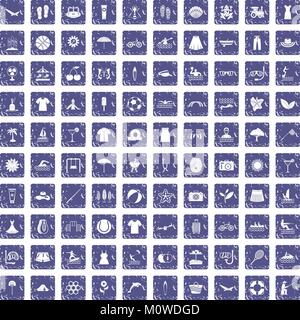 100 summer icons set grunge sapphire Stock Vector