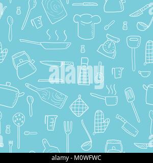 Cooking utensils and kitchen tools - seamless background doodle vector. Stock Vector