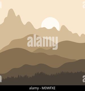 Mountain landscape sunset - vector background illustration. Hills and mountains layers. Stock Vector