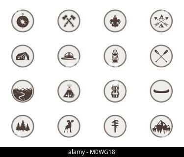 Boy scouts icons, patches. The full bundle. Camping stickers. Tent symbol, moose pictogram, backpack elements, canoe, mountains, and others. Stock vector stamps isolated on white background. Stock Vector