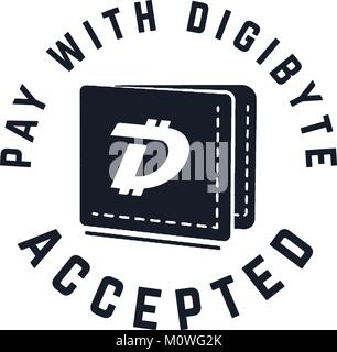 Digibyte digital asset accepted concept. DGB wallet. Vintage hand drawn crypto emblem. Blockchain technology sticker for printing. Stock vector tech illustration isolated on white background Stock Vector