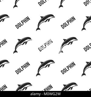 Dolphin seamless with typography sign. Wild animal wallpaper. Stock vector pattern isolated on white background. Retro monochrome design. Vintage hand drawn effect Stock Vector