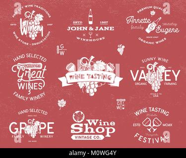 Wine logos, labels set. Winery, wine shop, vineyards badges collection. Retro Drink symbol. Typographic design illustration. Stock vector emblems and icons isolated on retro background Stock Vector