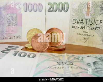 Czech coins on the various Czech banknotes money like background. Stock Photo