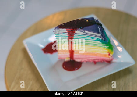 Rainbow crape cake. (Focus on top layer) Stock Photo