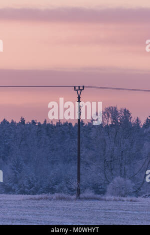 Vertical photo with winter landscape. Scene is captured in morning light with orange cloudy sky. Single electrical pillar is in the centre with wires  Stock Photo