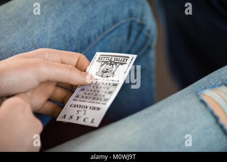 Summerland, British Columbia/Canada - a girl holds her ticket in her lap as she waits for the conductor, on the Kettle Valley Steam Rail Stock Photo