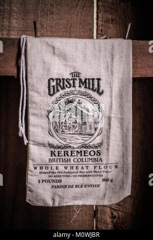 A flour sack in the grist mill at The Grist Mill and Gardens Keremeos, British Columbia, Canada an important historic site dating to 1877. Stock Photo