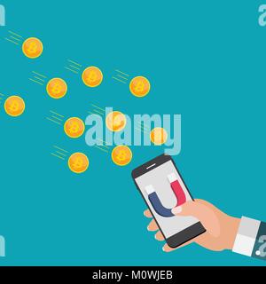 Business concept of hand hold mobile phone with magnet attract bitcoins.Vector Illustration Stock Vector