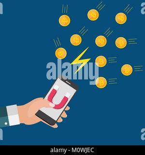 Business concept of hand hold mobile phone with magnet attract bitcoins.Vector Illustration Stock Vector