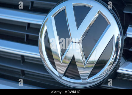 ROMANIA-SEPTEMBER 2 2017:Volkswagen logo on September 2 2017 in ROMANIA. Volkswagen is a German automobile manufacturer headquartered in Wolfsburg, Stock Photo