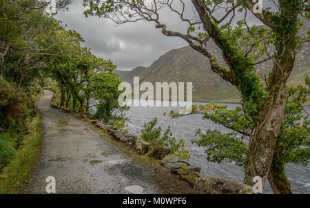 A walk along Loch Veagh in the Glenveagh National Park, Donegal Ireland. Stock Photo