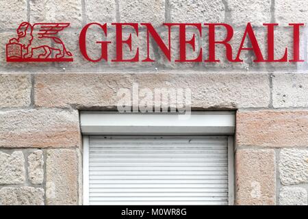 Firminy, France - August 17, 2016: Generali logo on a wall. Generali is the largest insurance company in Italy and third in the world Stock Photo