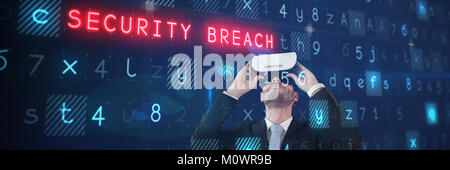 Composite image of businessman in black suit using vr glasses Stock Photo