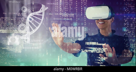 Composite image of woman gesturing while using virtual reality headset Stock Photo
