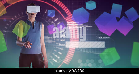 Composite image of businesswoman gesturing while wearing virtual reality glasses Stock Photo