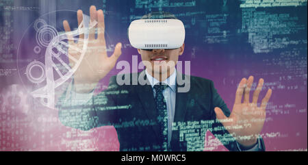 Composite image of businessman gesturing while wearing vr glasses Stock Photo