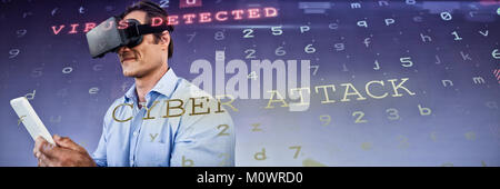 Composite image of businessman using vr glasses while holding tablet computer Stock Photo
