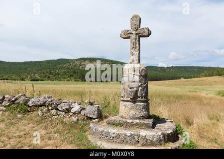 France,Lozere,Cevennes national Park,listed as World Heritage by UNESCO,Hures la Parade,hamlet of Le Buffre,causse Mejean,12th century cross Stock Photo