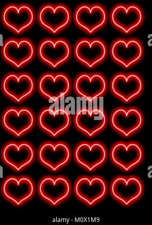 Red and White Neon Hearts Repeated Pattern On Plain Black Background Stock Vector