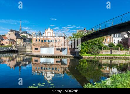 France,Somme,Amiens,banks of Somme river,the rowing club and Samarobriva passage over the Somme river,Notre-Dame cathedral in the background Stock Photo