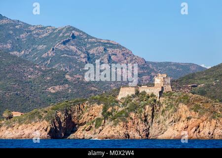 France,Corse du Sud,Gulf of Girolata,listed as World Heritage by UNESCO,Girolata on the municipality of Osani,small fort with a square genoese tower Stock Photo