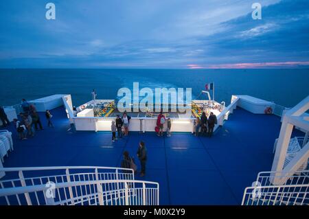 France,Finistere,Roscoff,sunset on Pont-Aven Brittany Ferries back deck Stock Photo