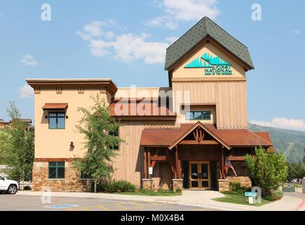 STEAMBOAT SPRINGS, COLORADO - JUNE 19: First National Bank of the Rockies on June 19, 2013 in Steamboat Springs, Colorado. FNBR exists since 1904 and  Stock Photo