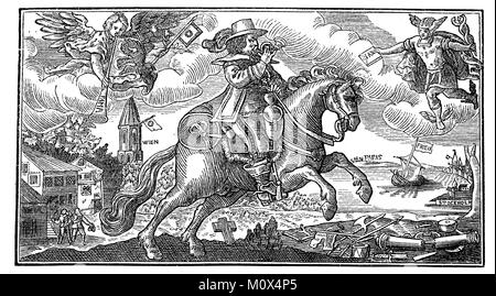 Illustration of the, Neuer Aus Muenster, from the 25th of the wine month in the year 1648 a peace-bringing mail rider, Thirty Years War 1618-1648, the mail rider trumpets the joy over the Westphalian peace, from 24 October 1648, in the world, digital improved file of a original print of the 19. century Stock Photo