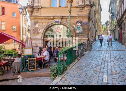 France,Rhone,Lyon,historic centre classified as a UNESCO World Heritage site,Old Lyon district,Café du Soleil restaurant,Saint-Georges street Stock Photo