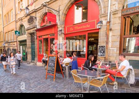 France,Rhone,Lyon,historic centre classified as a UNESCO World Heritage site,Old Lyon district,Mouss'tache restaurant,Saint-Georges street Stock Photo