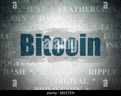 Cryptocurrency concept: Painted blue text Bitcoin on Digital Data Paper background with   Tag Cloud Stock Photo