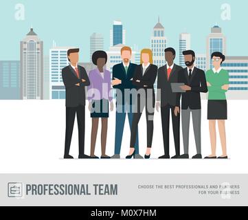 Multi-ethnic business people team standing together and city skyline on the background Stock Vector