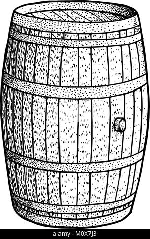 Wooden barrel illustration, drawing, engraving, ink, line art, vector Stock Vector