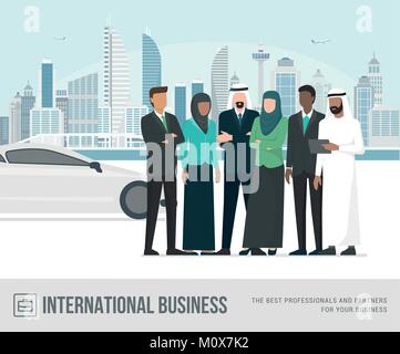 Muslim arab businesspeople posing together, metropolis and luxury car on the background Stock Vector