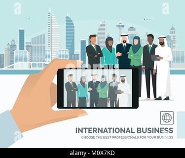 Arab muslim businesspeople meeting and city skyline in the background, a man is taking a picture with a smartphone Stock Vector