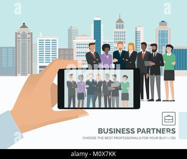 Corporate multi ethnic business people posing together and city skyline on the background, a man is taking a picture using a smartphone Stock Vector
