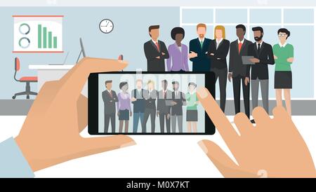 Corporate business people meeting in the office and posing together, a man is taking a picture using a smartphone and sharing it online Stock Vector