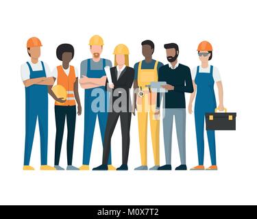 Construction workers and engineers standing together, construction industry concept Stock Vector