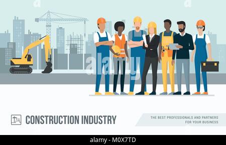 Construction workers and engineers posing together at the construction site, machinery and crane on the background Stock Vector
