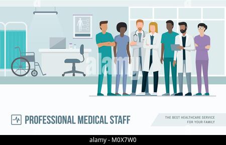 Medical staff standing together in the office at the hospital: doctors, nurses and surgeons Stock Vector