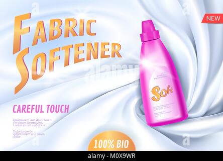 Realistic 3D fabric softener bleach package white silk textile. Product package mockup shiny cotton promotional ad poster template. Light background bright pink plastic bottle vector illustration Stock Vector